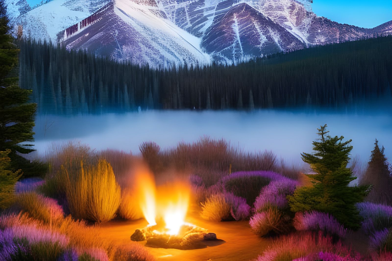 *A Roaring Campfire Fire Early In The Morning In The Mountai...