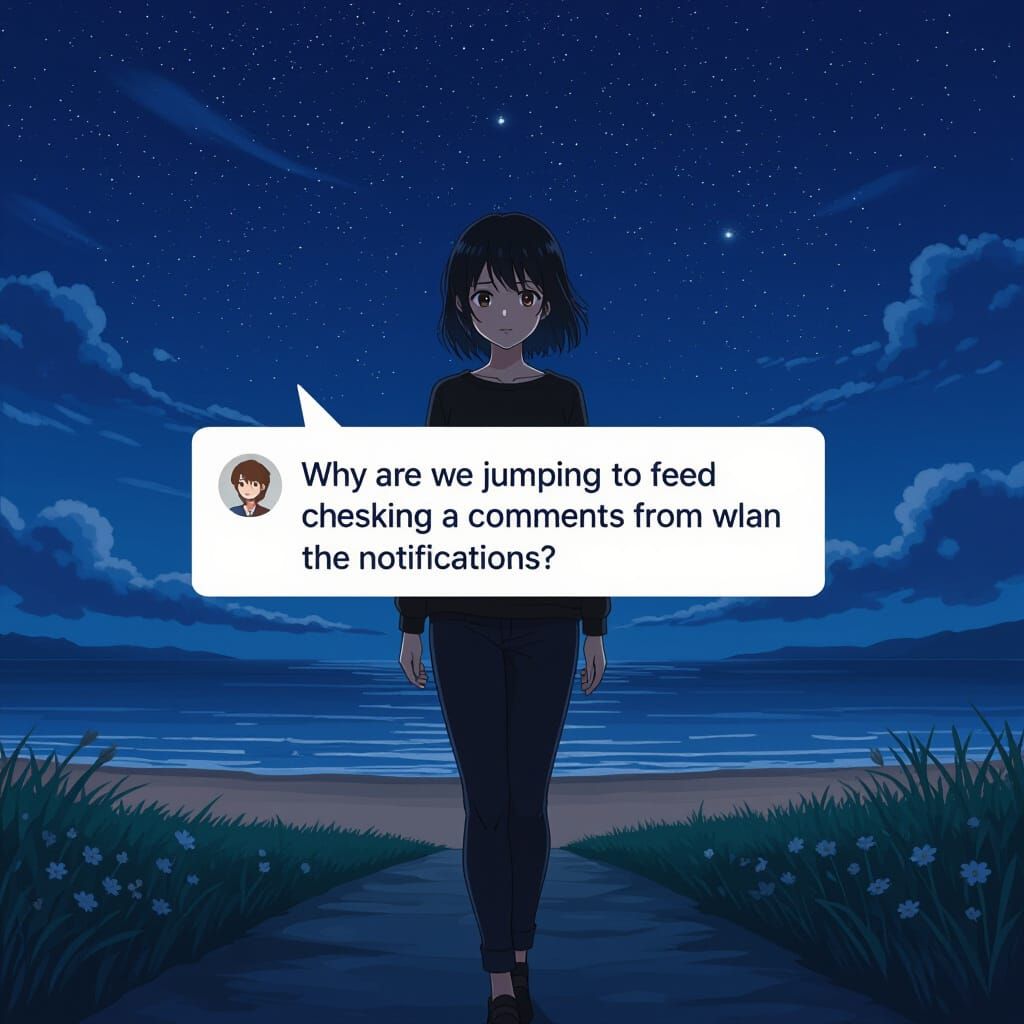 Anime Woman Walks on Beach at Night