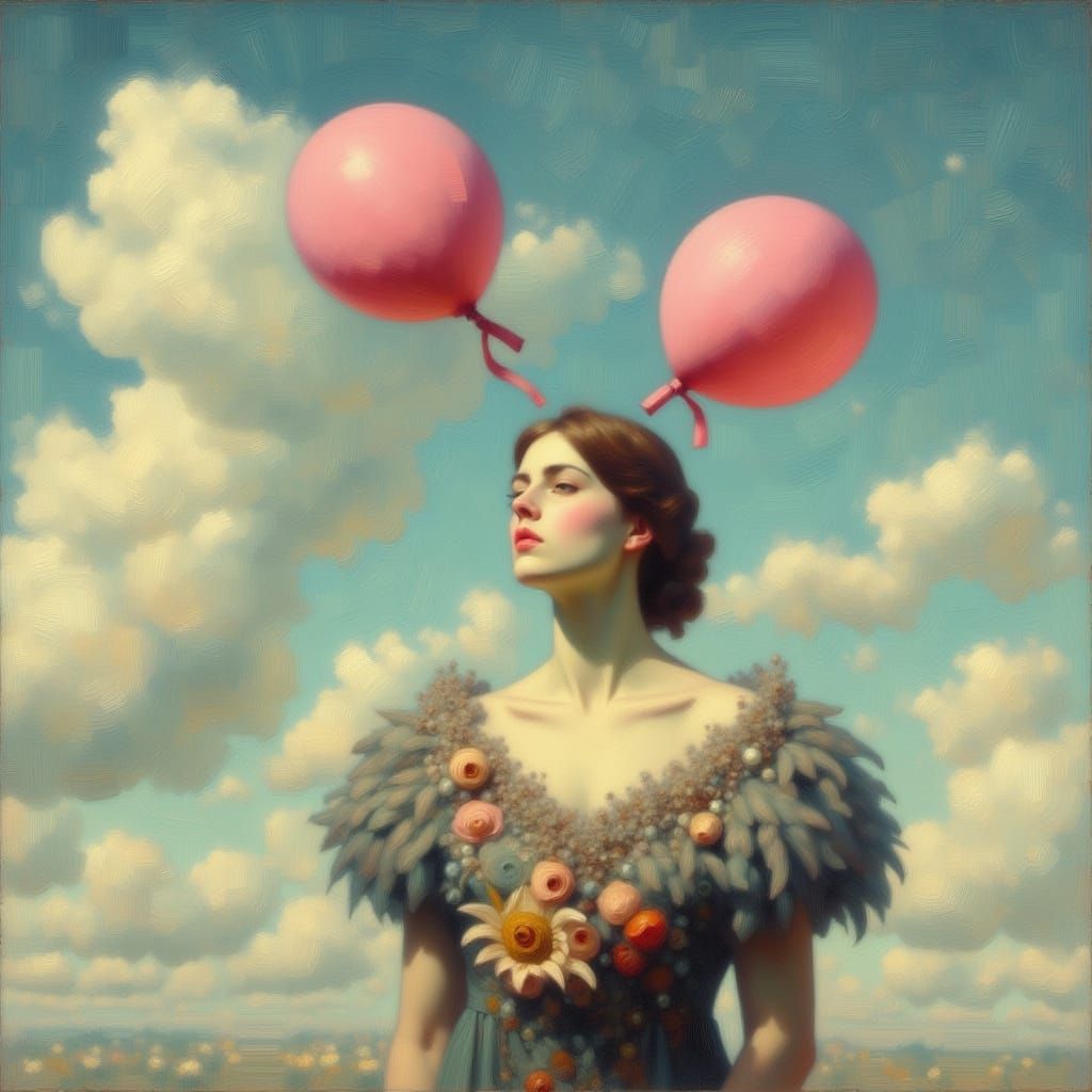 Surreal Edwardian Woman Releases Pink Balloons