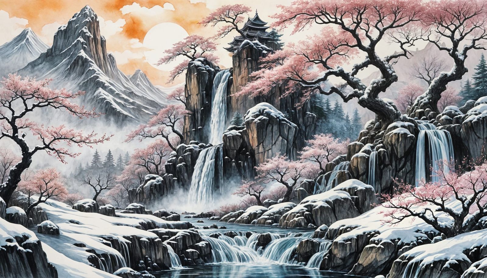 Fantasy winter joy landscape Japanese ink and color drawing  by @Dreamer in Hell