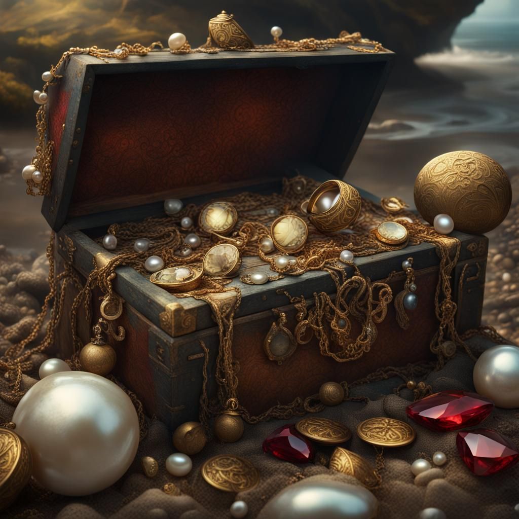 Treasures washed a shore, gems, gold, treasure chests, pearl strands, diamonds, rubies, rings, necklaces, ...  by @Mauve Marauder