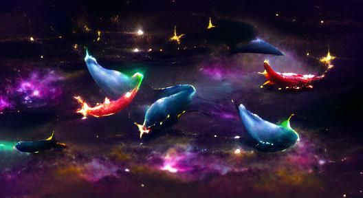 Flying colored whales in space