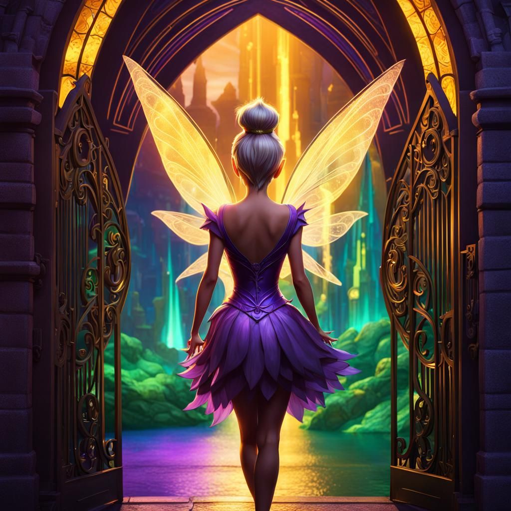 Tinkerbell stands before the Emerald City, the gates opening. A rainbow