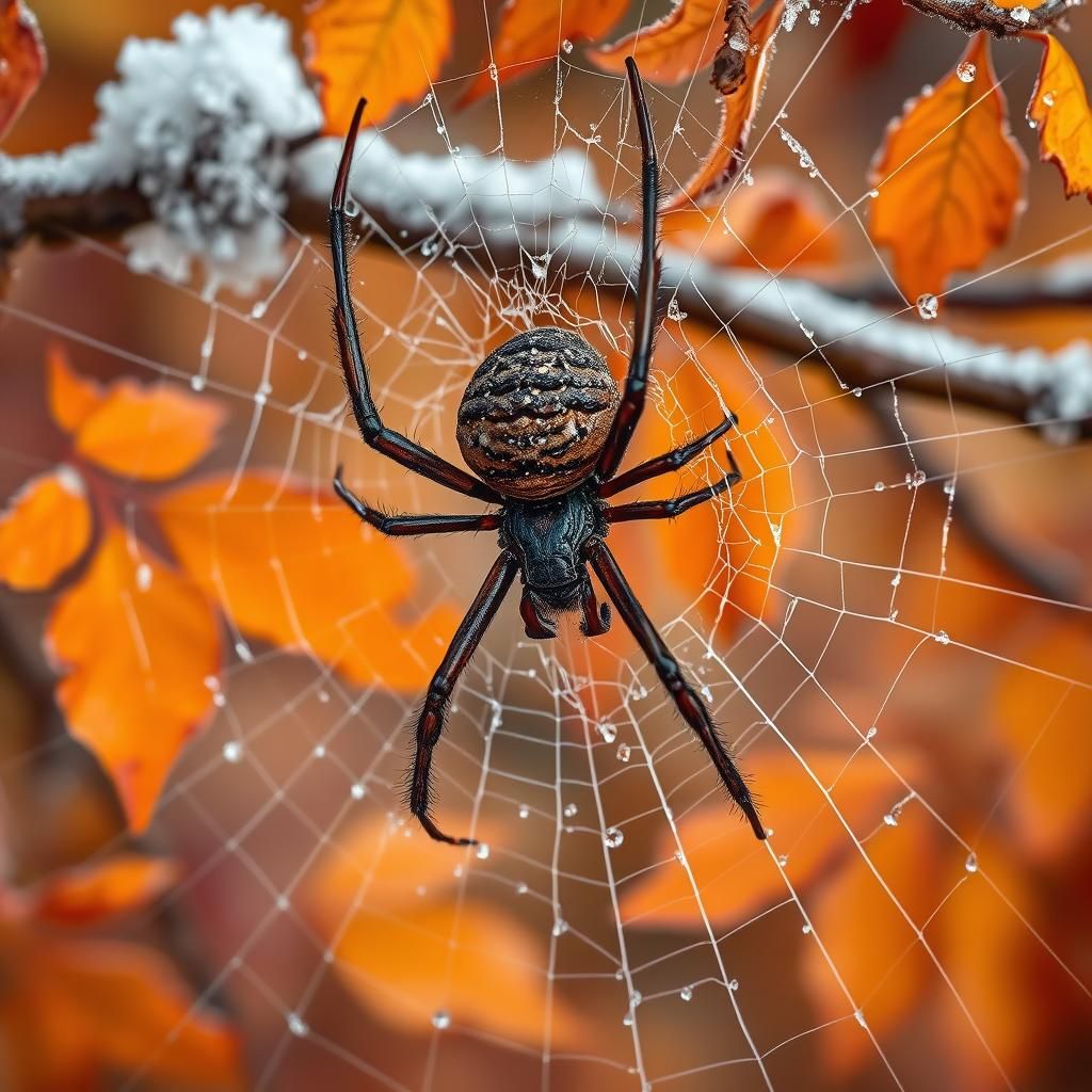 Goliath spider on a frost-covered autumn tree branch weaves ...