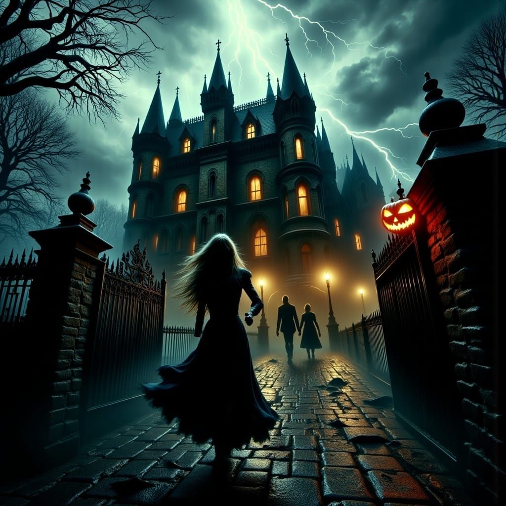<lora:Thriller Fantasy V2:1.0> Dark scary halloween house, pumpkin, lightning, rain, scared woman running, shadows, shading, atmosphere, hor...