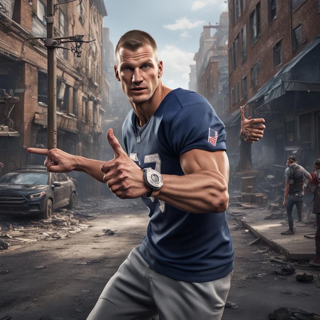 Gronk Wearing Street Clothes Pointing to the Side - AI Generated