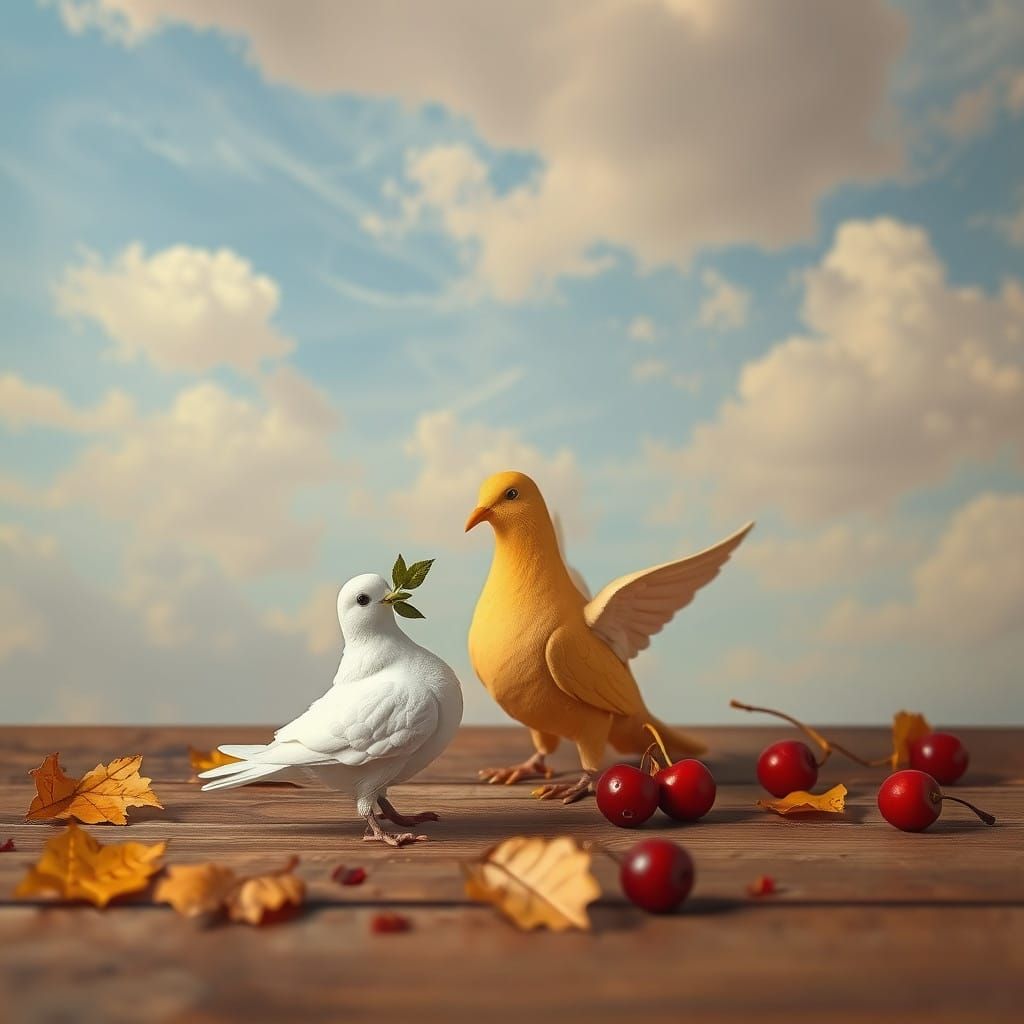 Whimsical Dove Perched on Wooden Floor amidst Autumnal Backg...
