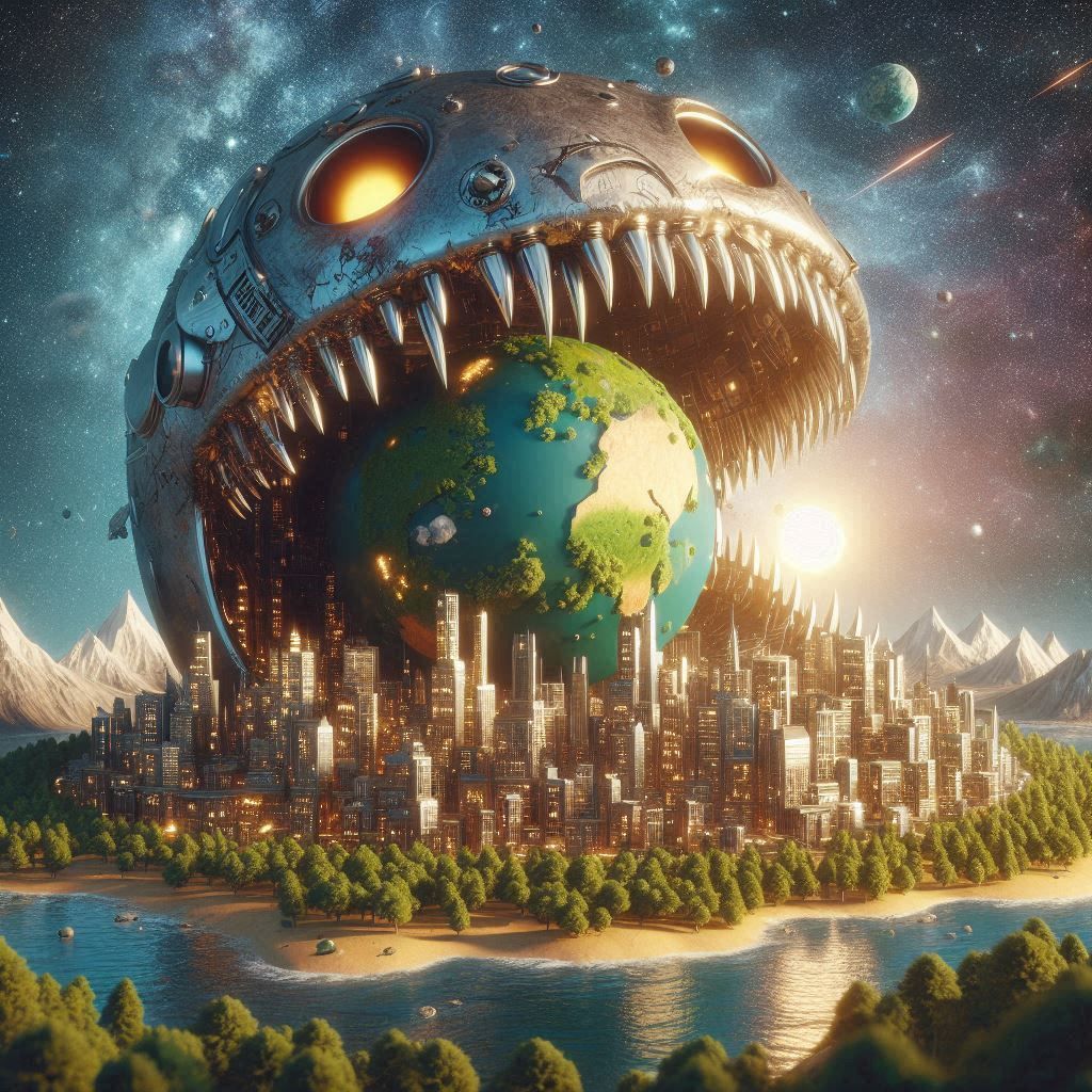 in a cosmic space there is a metalic planet with buildings that eats a Green planet with trees