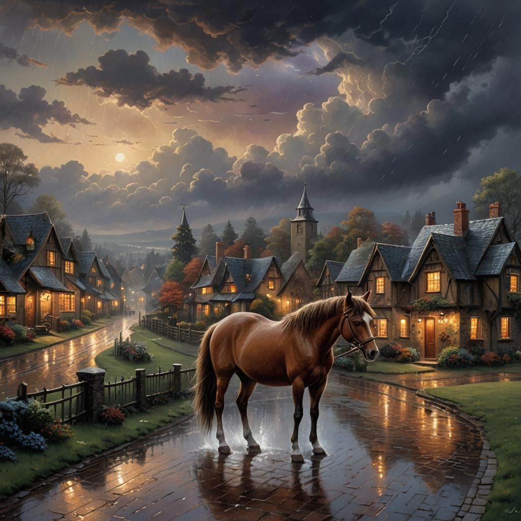 1 brown small pony bare back
 dark rainy village
night
No li...