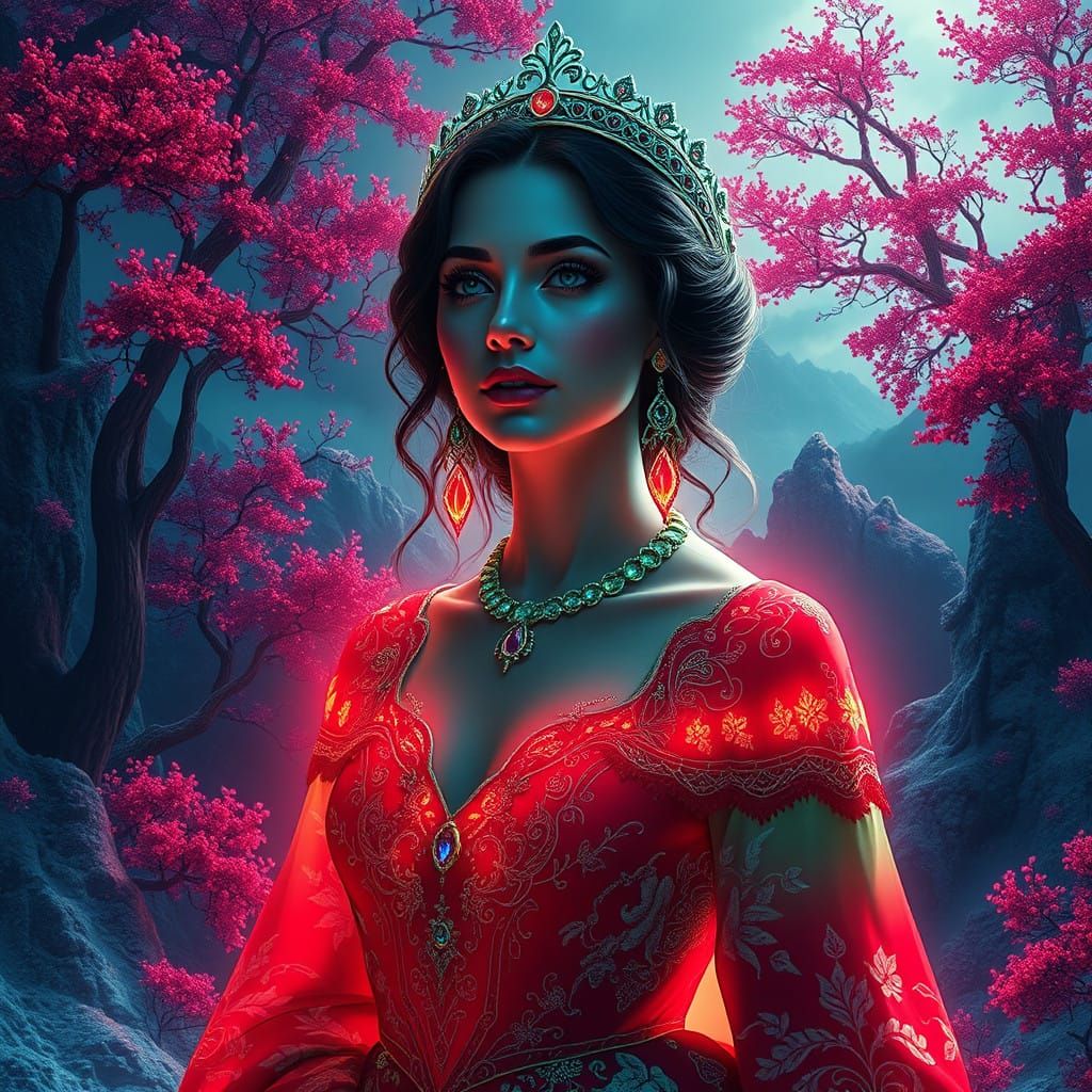 female portrait in a resplendent Snow White landscape, ethereal landscape with deep, rich colors and ...  by @Carl Childers