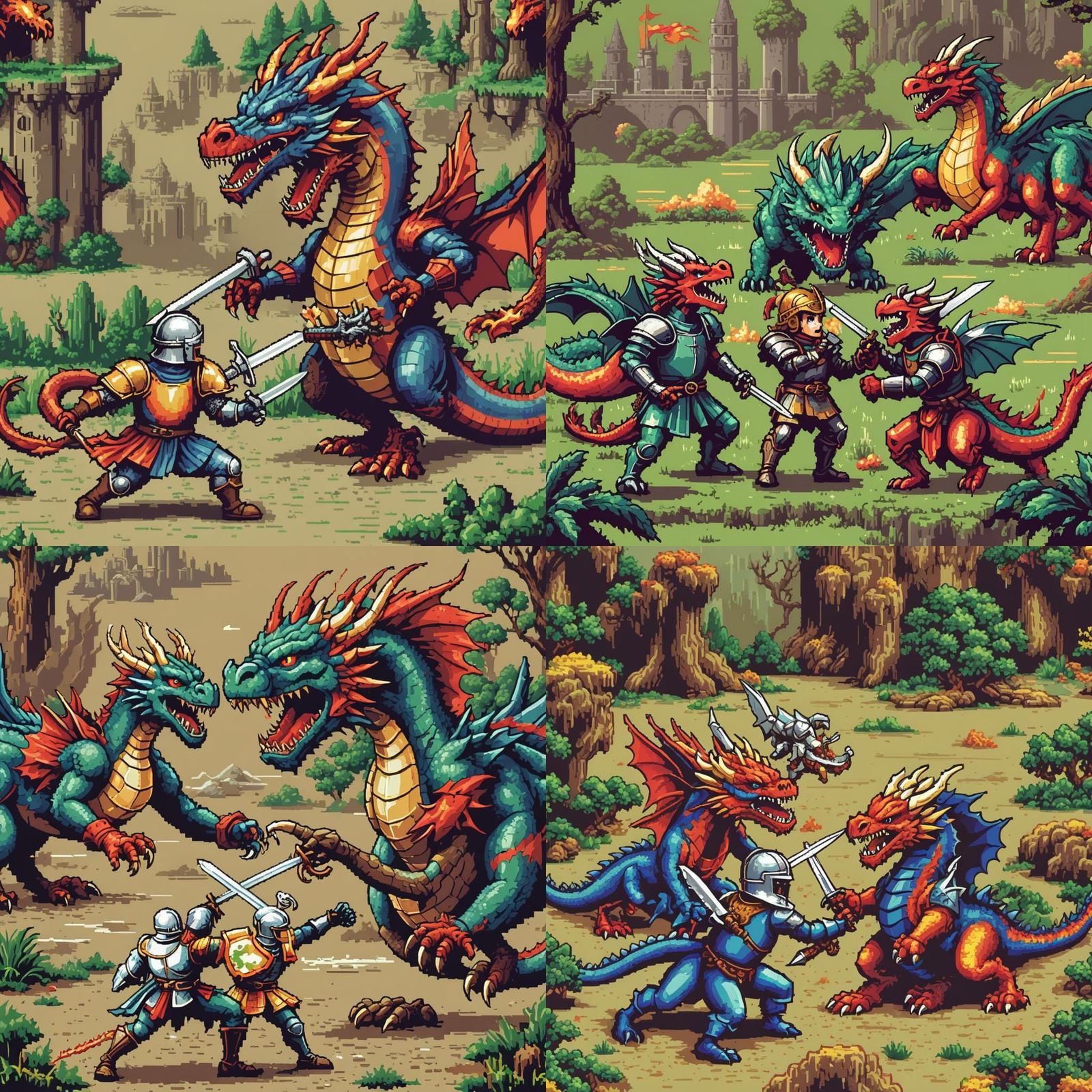 8bit video game image of a dragon fighting a knight, retro-gaming, pixelated, colorful