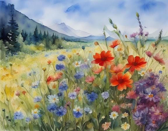 <lora:Watercolor:1.0> vibrant detailed watercolor of wildflowers in a field 