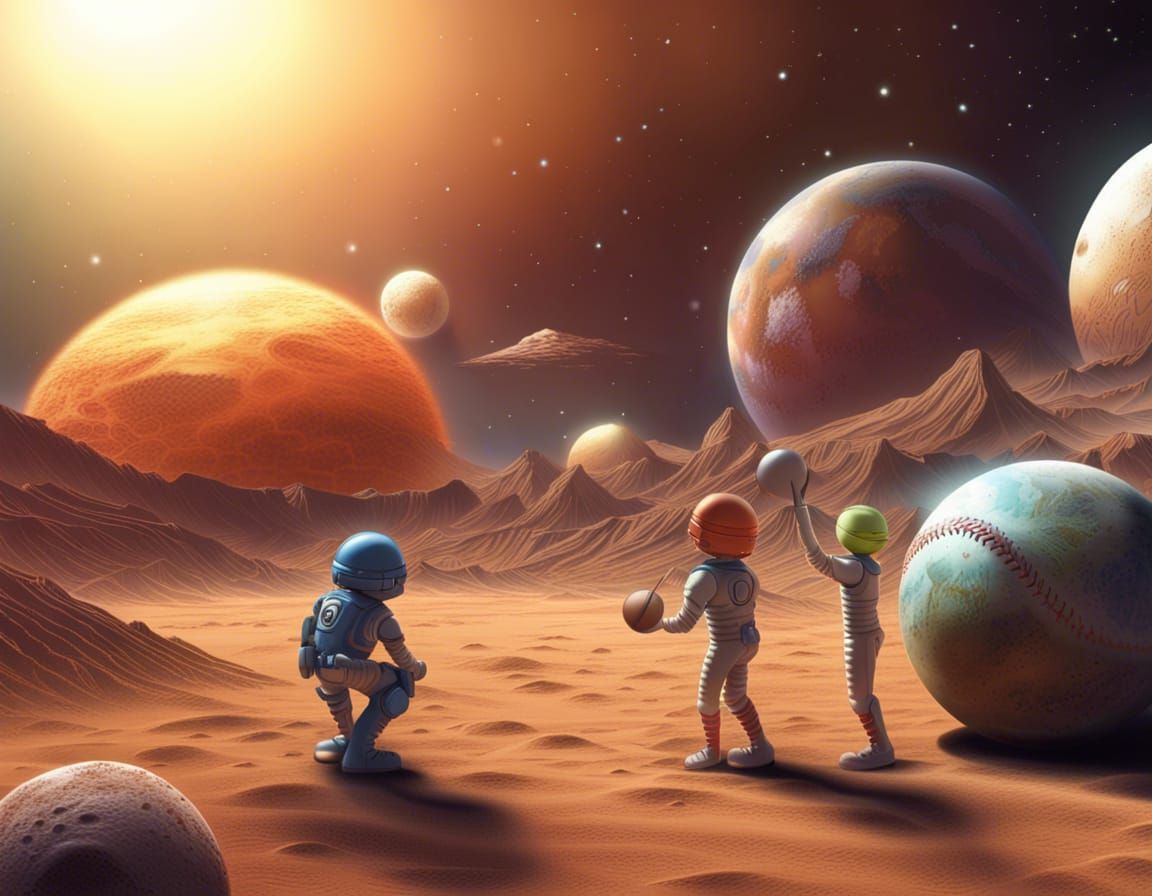 Aliens_and_humans, playing_Baseball_in_the_solar_system, the_sun_is_the_home the_planets_are_the_bases, the_moon_is_the_ball  by @Omri_slam