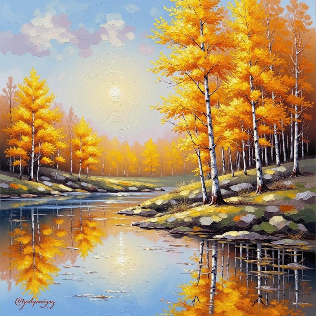 <lora:Impression Impasto:1.0> Golden birch forest beside a still lake in Finland — mirrored reflections, thick palette-knife strokes, soft p...