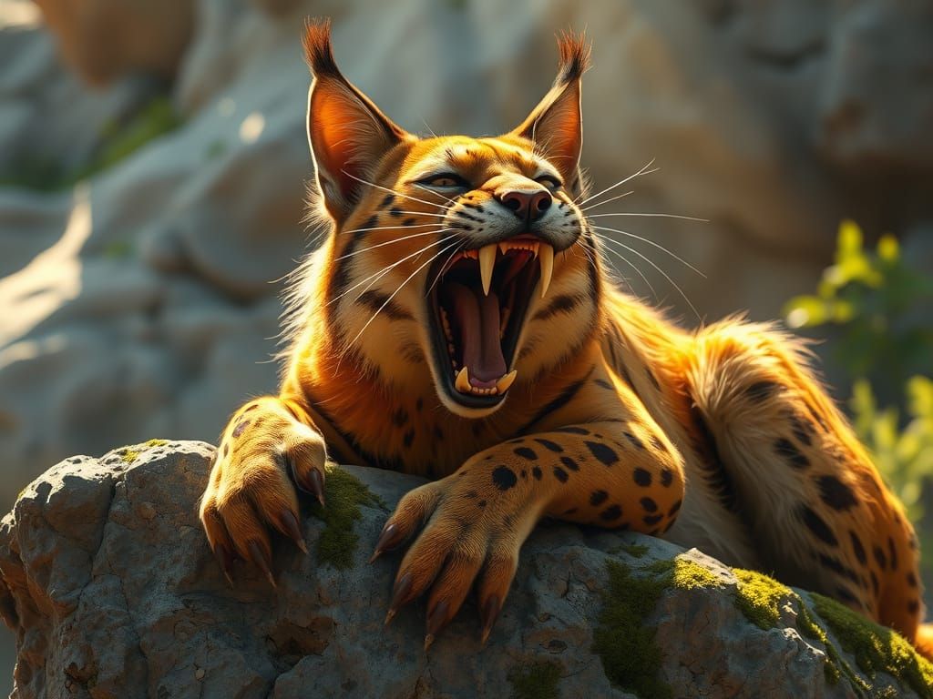 A breathtaking digital painting depicts "a beautiful sabretooth cat"  by @undefined
