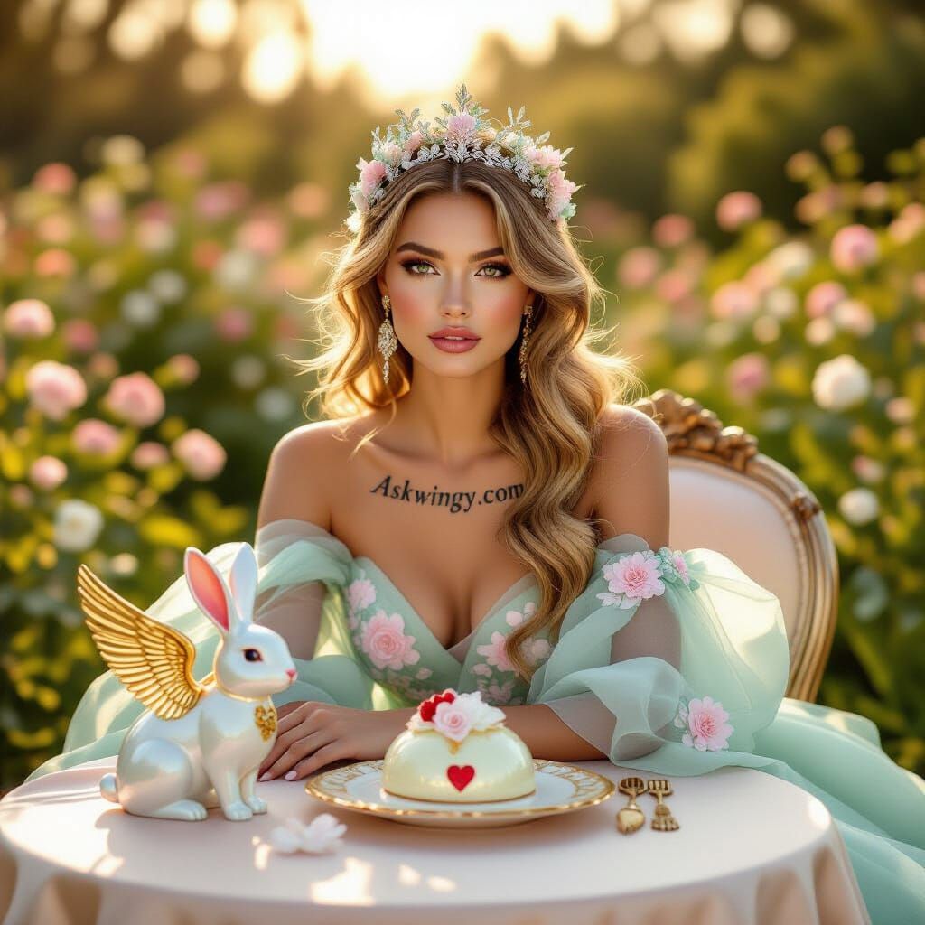 *A high-fashion editorial scene in a whimsical spring garden at golden hour. A woman sits at a table draped in pastel silk. She wears a flow...