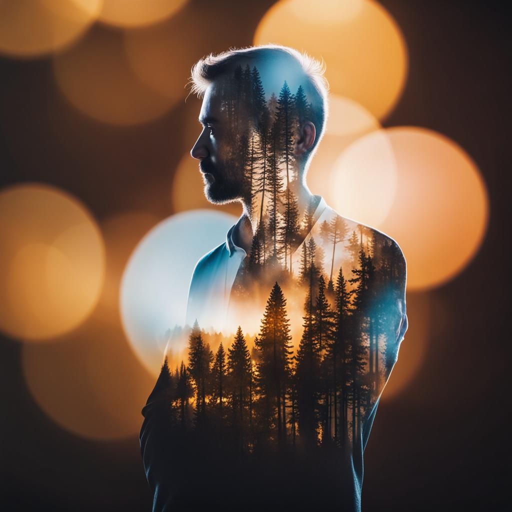 Double exposure photo, silhouette of a man