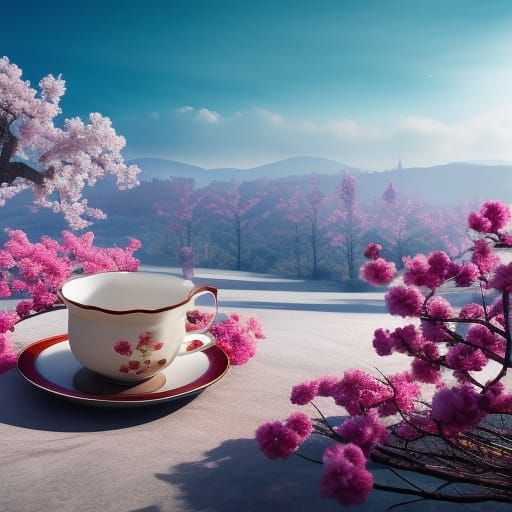 Sakura tea set, distinct lighting, detailed matte painting, ...