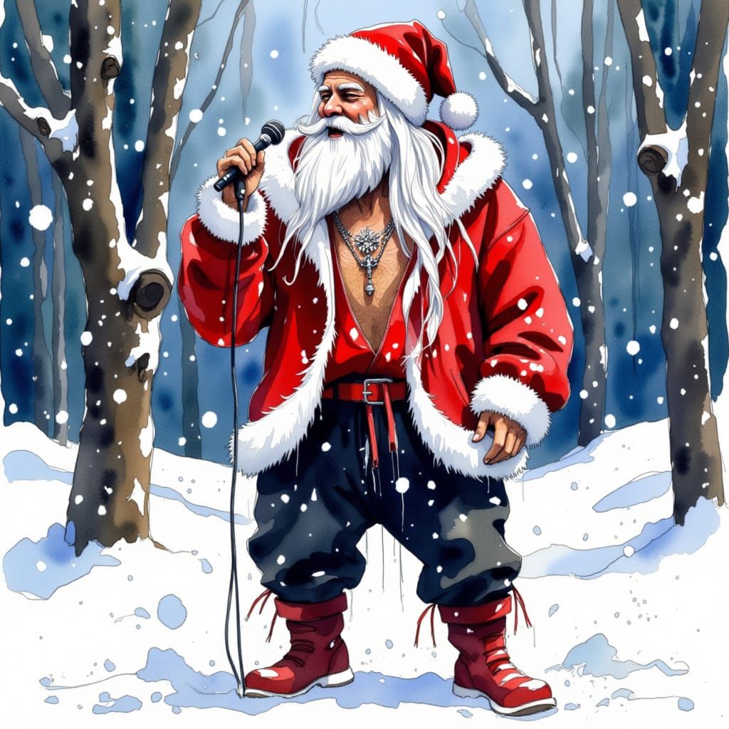 <lora:GrokFlux:1.0>  Whimsical image of a hip hop Santa with white hair, white beard, oversized red hoodie with white fur trim. Silver snowf...
