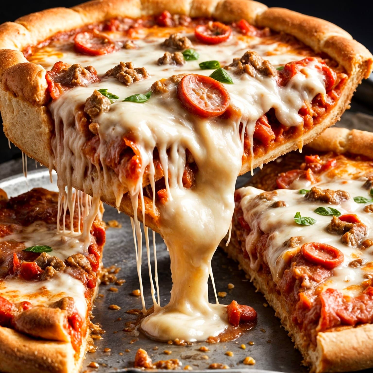 Deep dish pizza with a cheese pull  by @Merumeru Meru