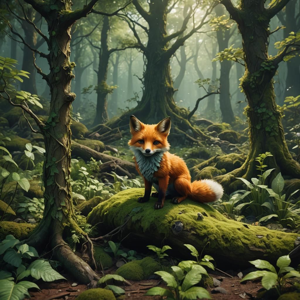 green baby fox lost in the woods