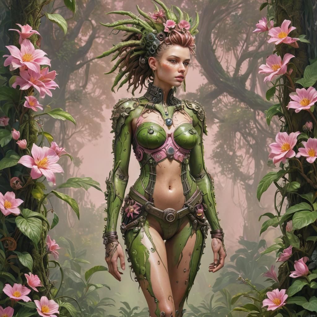 A whimsical Clean Oil Painted Airbrush illustration of a Bio Punk Woman, Full Body, Face to camera, Standing,
fantasy ...  by @Denise