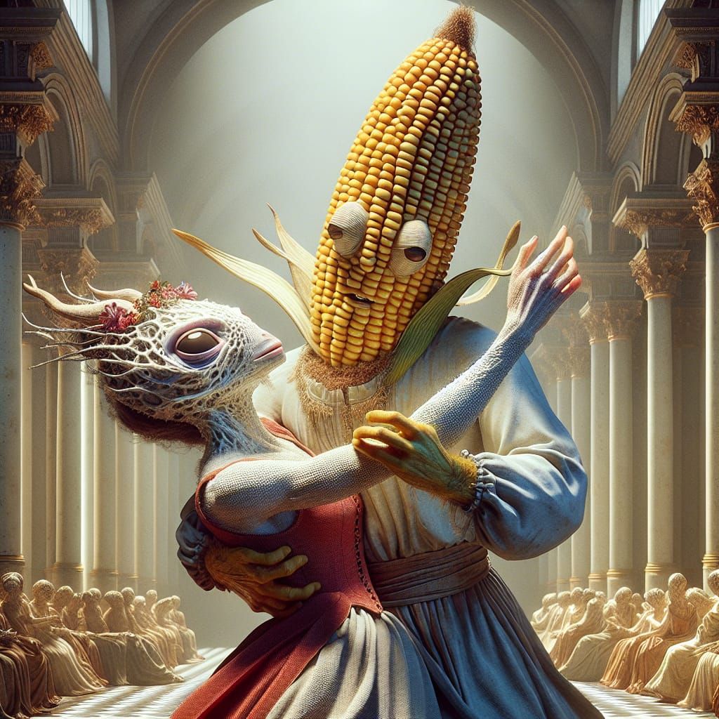 An anthropomorphic Corncob God Dirty Dancing with a Creature...