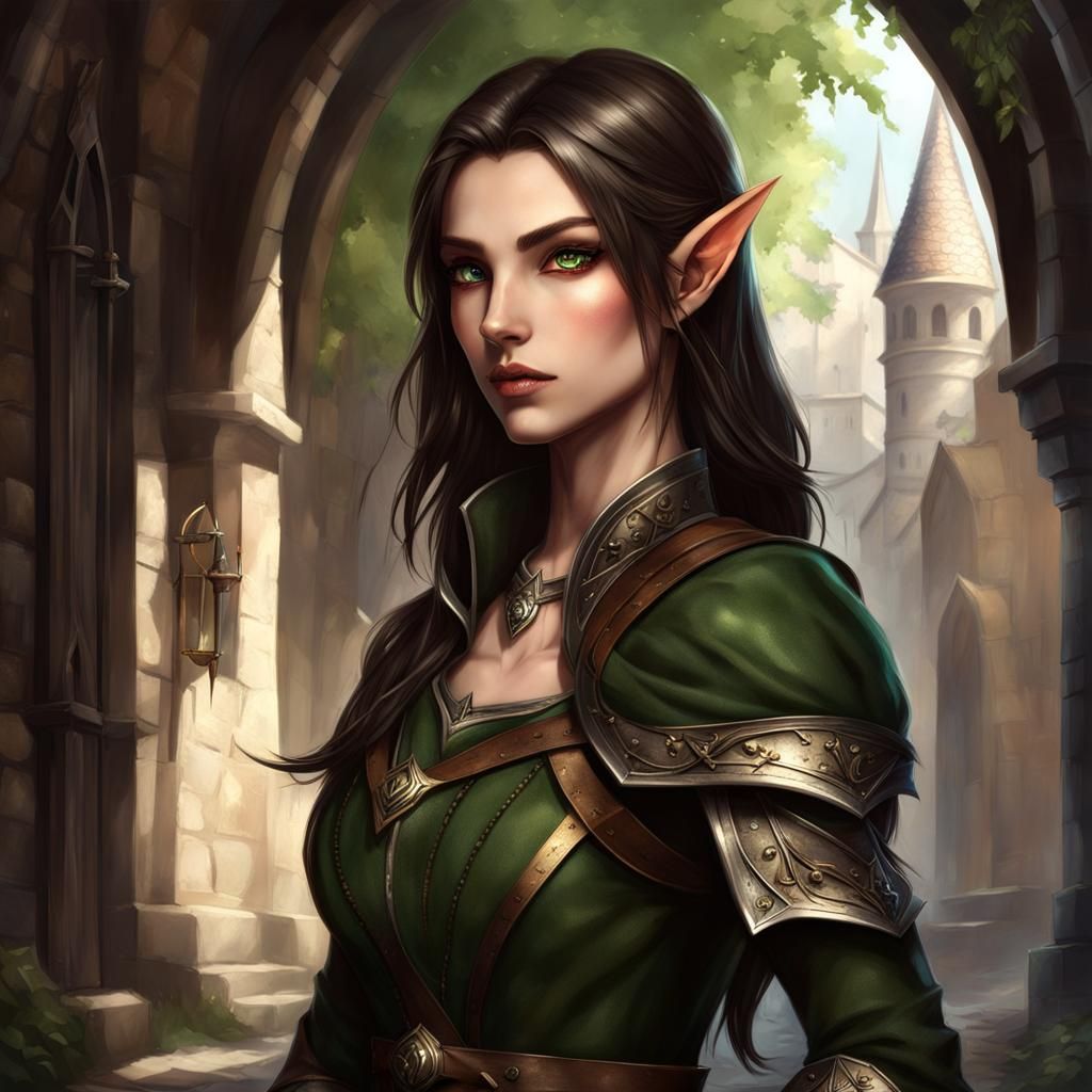 trending on artstation, female ELF, brunette straight collarbone length ...