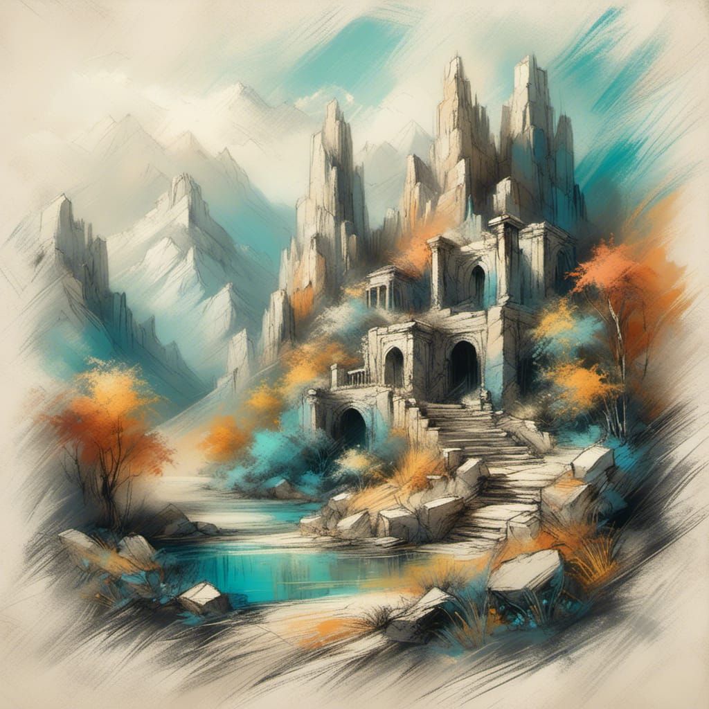 ancient ruins <lora:Chalk Fantasy:1.0> (chalk texture (broad long chalk strokes:1.6)) (fantasy landscape) (bold complementary colours)
