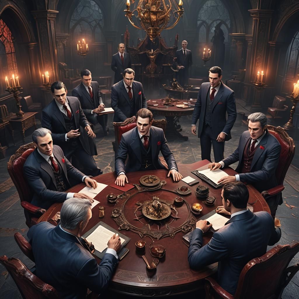 handsome vampire businessmen in intense meeting