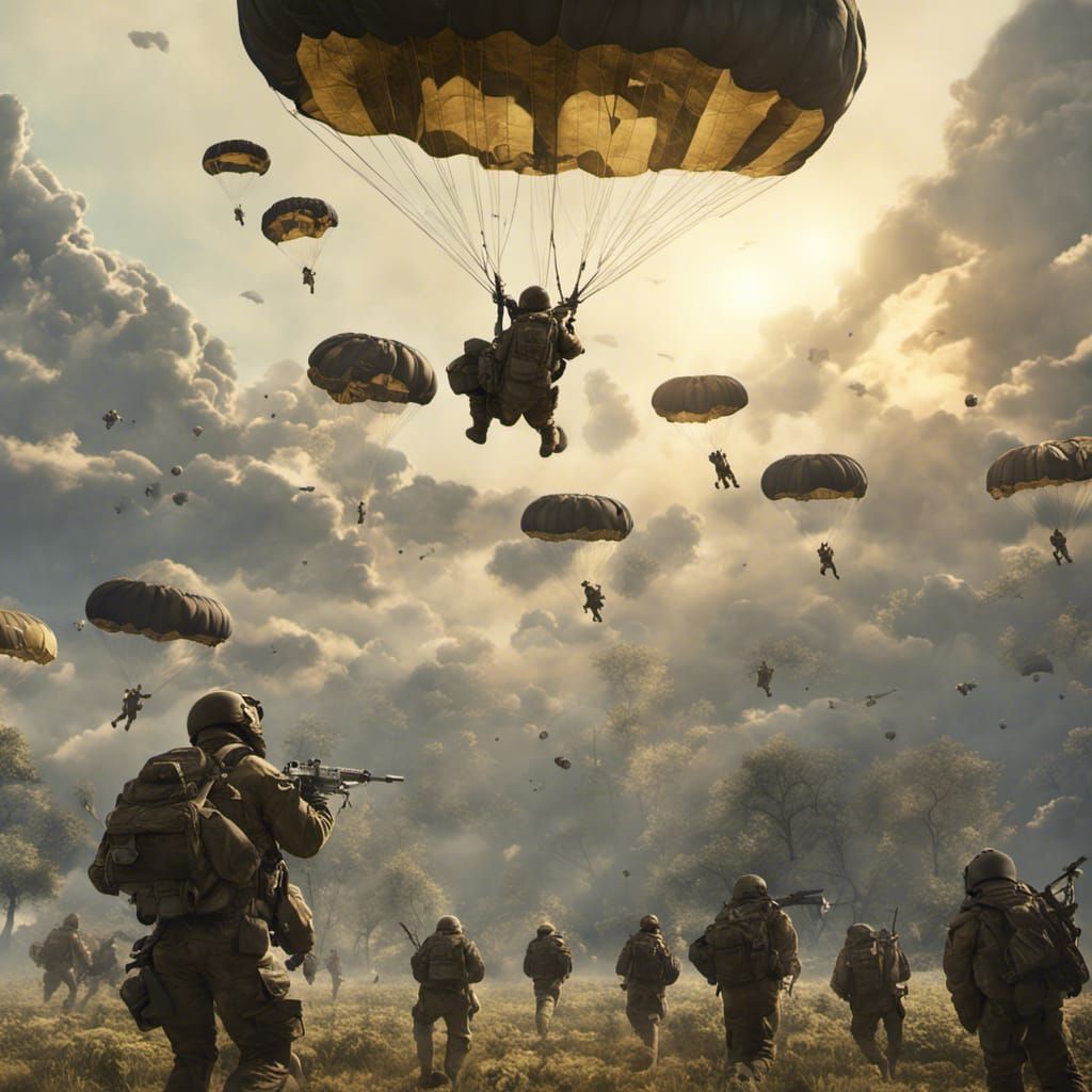 101st airborne regiment,parachuting out of 6 planes,sunny sk...