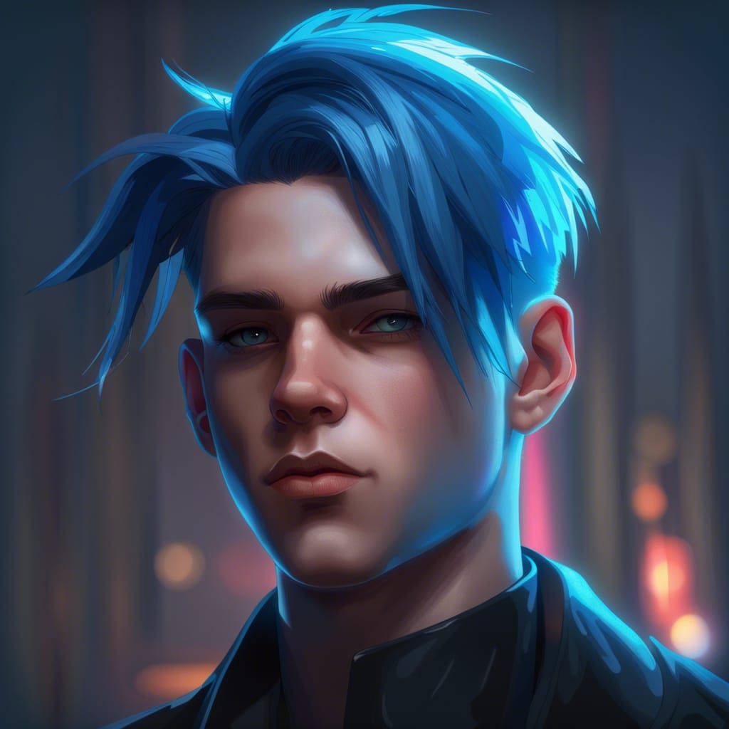 4k, Teenage boy, neon blue hair, blue eyes, headshot, black ...