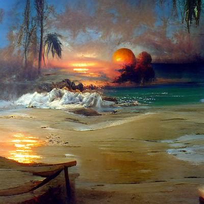 A tropical beach with a sunset in the background