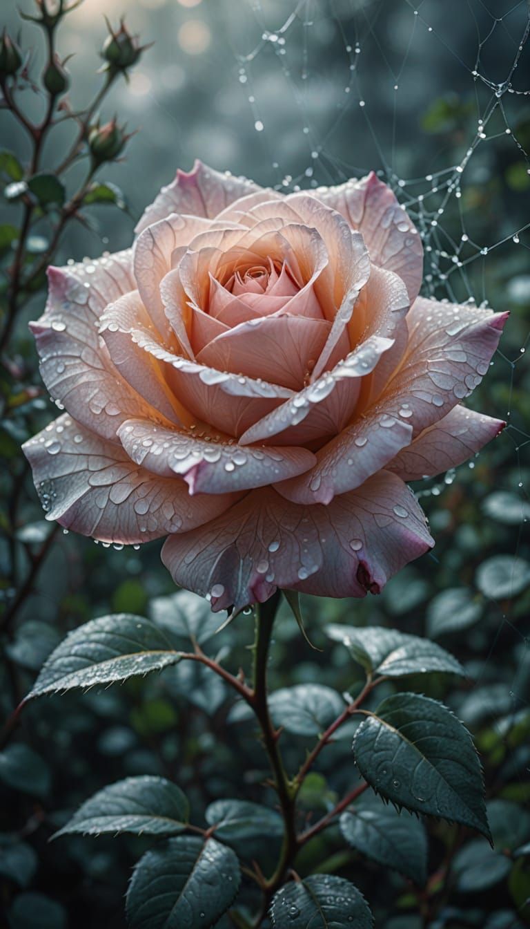 A beautiful rose made entirely of luminous cobwebs, sparkling with morning dew. The rose is made with intricate details and the skill with w...