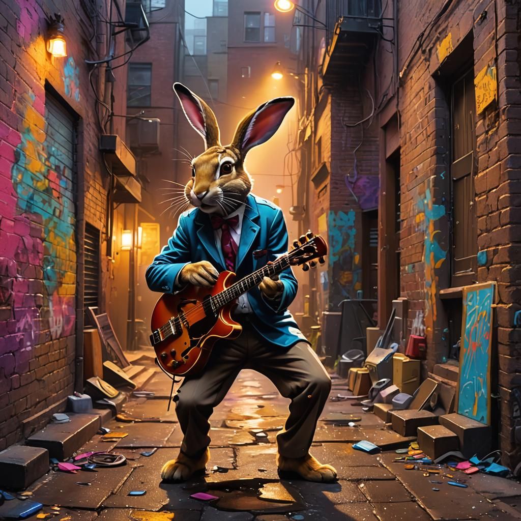 High fantasy epic jack rabbit playing jazz, jazz, music notes, scenic jazzy background, high detail, high quality, correct anatomy, graffiti...