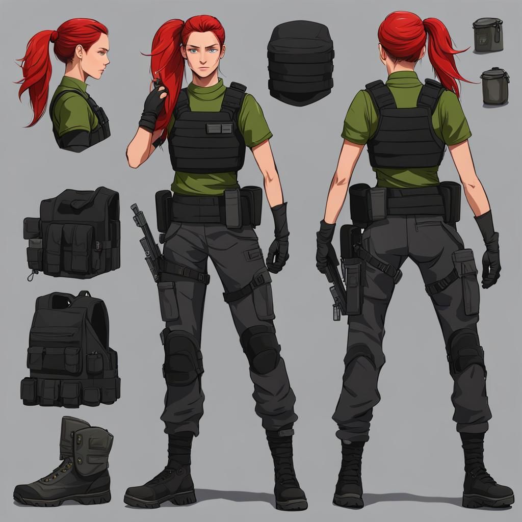 attractive female mercenary, head to toe full body image, re...