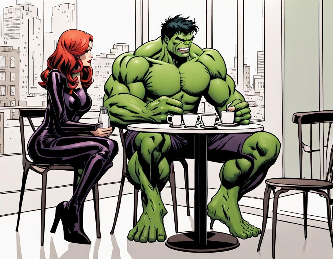 Hulk enjoying a romantic coffee date with black widow.