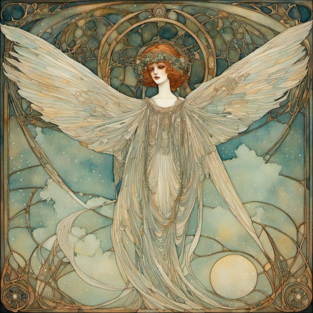 Hovering Iridescent Flapper ghost <lora:Glasgow Art Nouveau:1.0> 