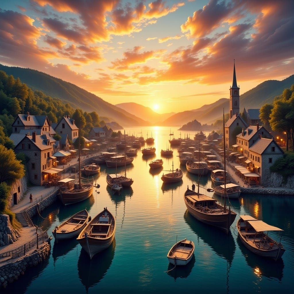 Drone view of a fantasy harbour full of boats. Beautiful landscape, sunset. in the style of <lora:Flux Hyperreal:1.3>
