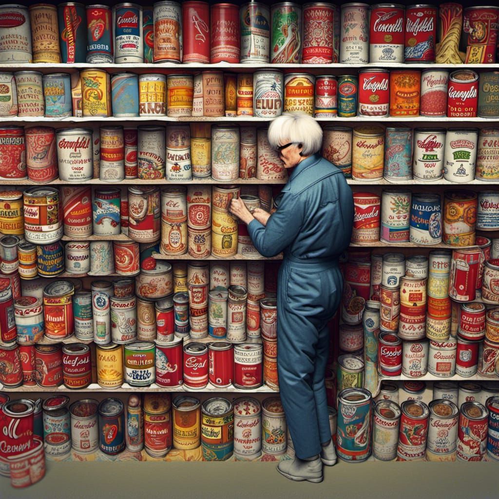 Andy Warhol arranging cans at the grocery store in a way tha...