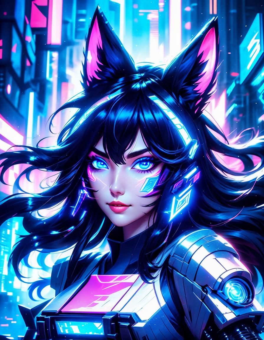 Cyberpunk portrait of League of Legends Ahri ( black hair and blue eyes ...