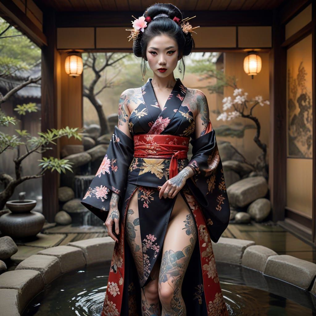 Surreal Tattooed Geisha in Opulent Onsen