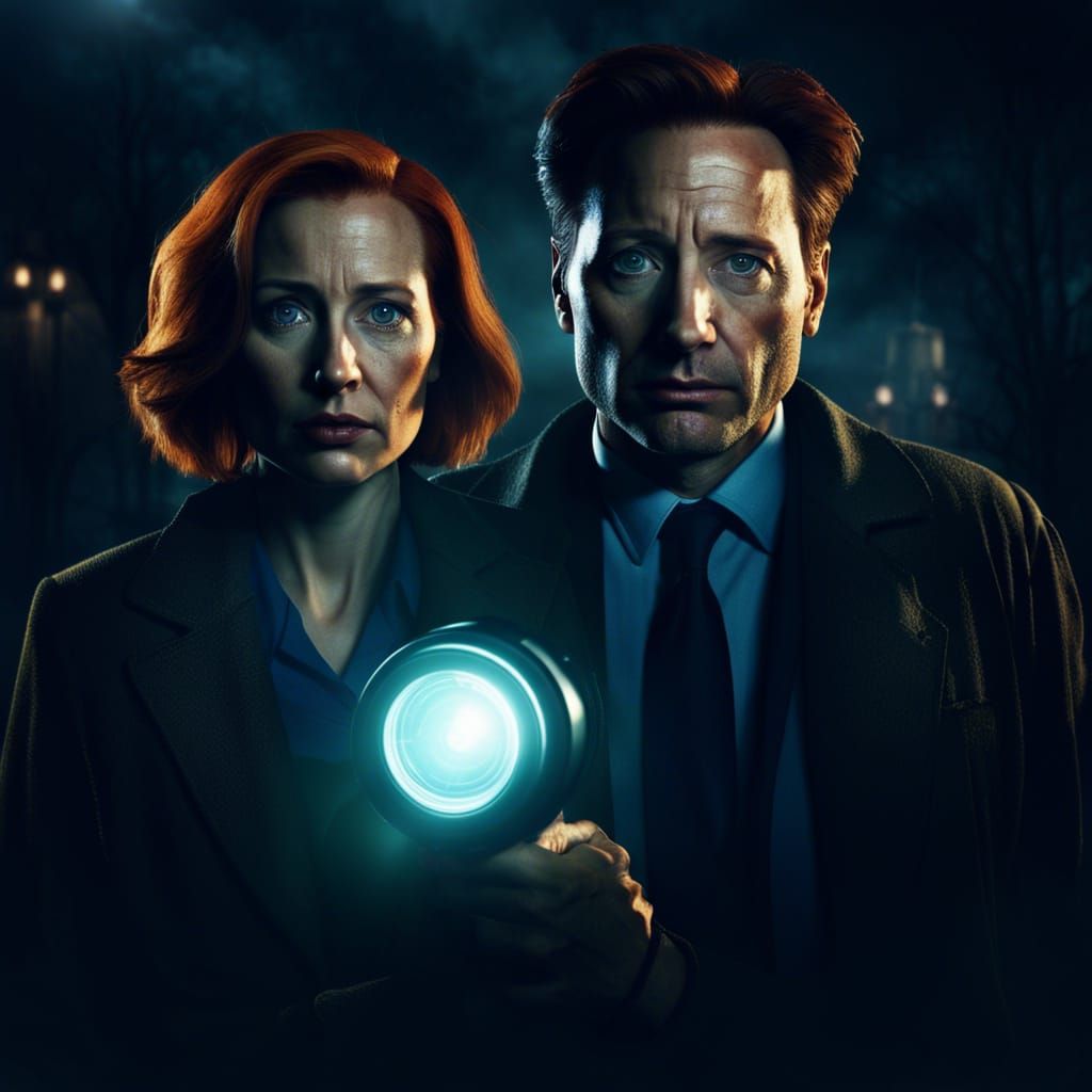 Beautiful portrait of Mulder and Scully holding a Maglight in the dark ...