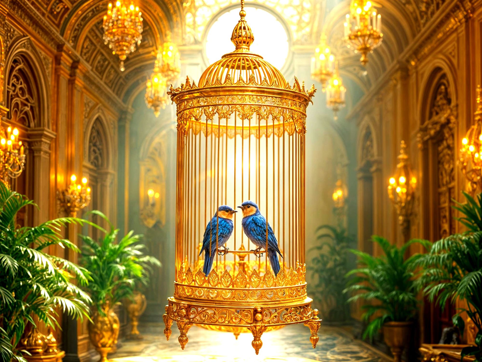 Huge Giant Birdcage An hyper-intricate, antique artistic ornate filigree birdcage, made from polished shinny gold brass and delicate filigre...