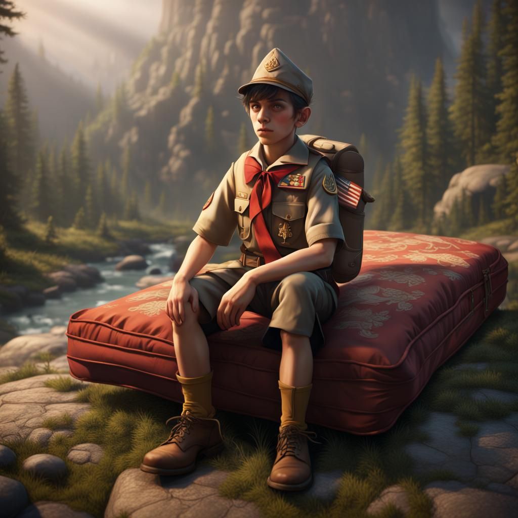 skinny boy-scout that is short holding a mattress half his s...