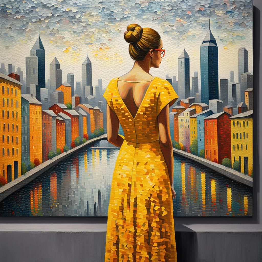 Pointillist Woman Admiring Colorful City Artwork