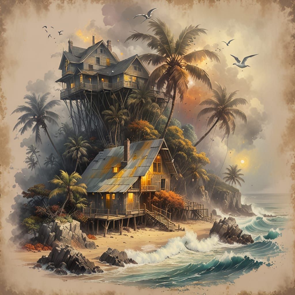 A old dilapidated large beach house on stilts