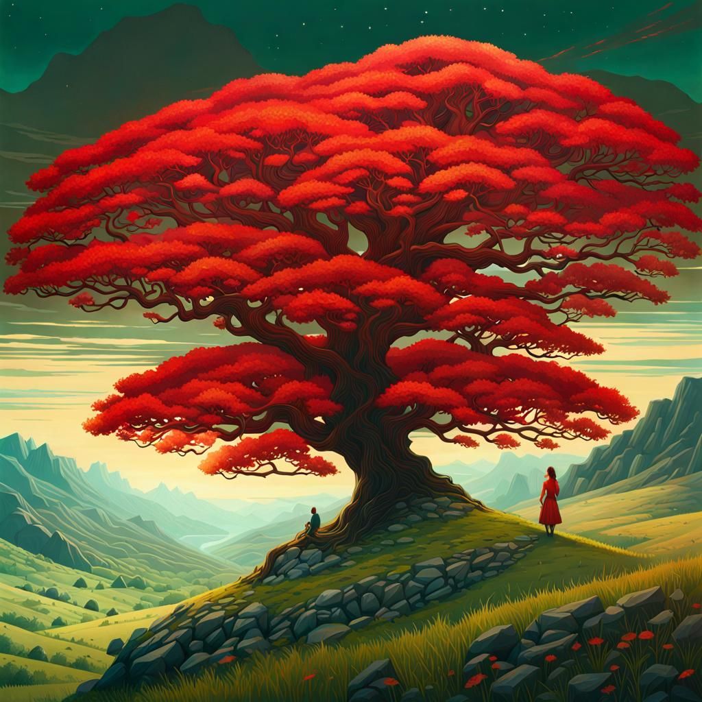 Red tree in the mountains - AI Generated Artwork - NightCafe Creator