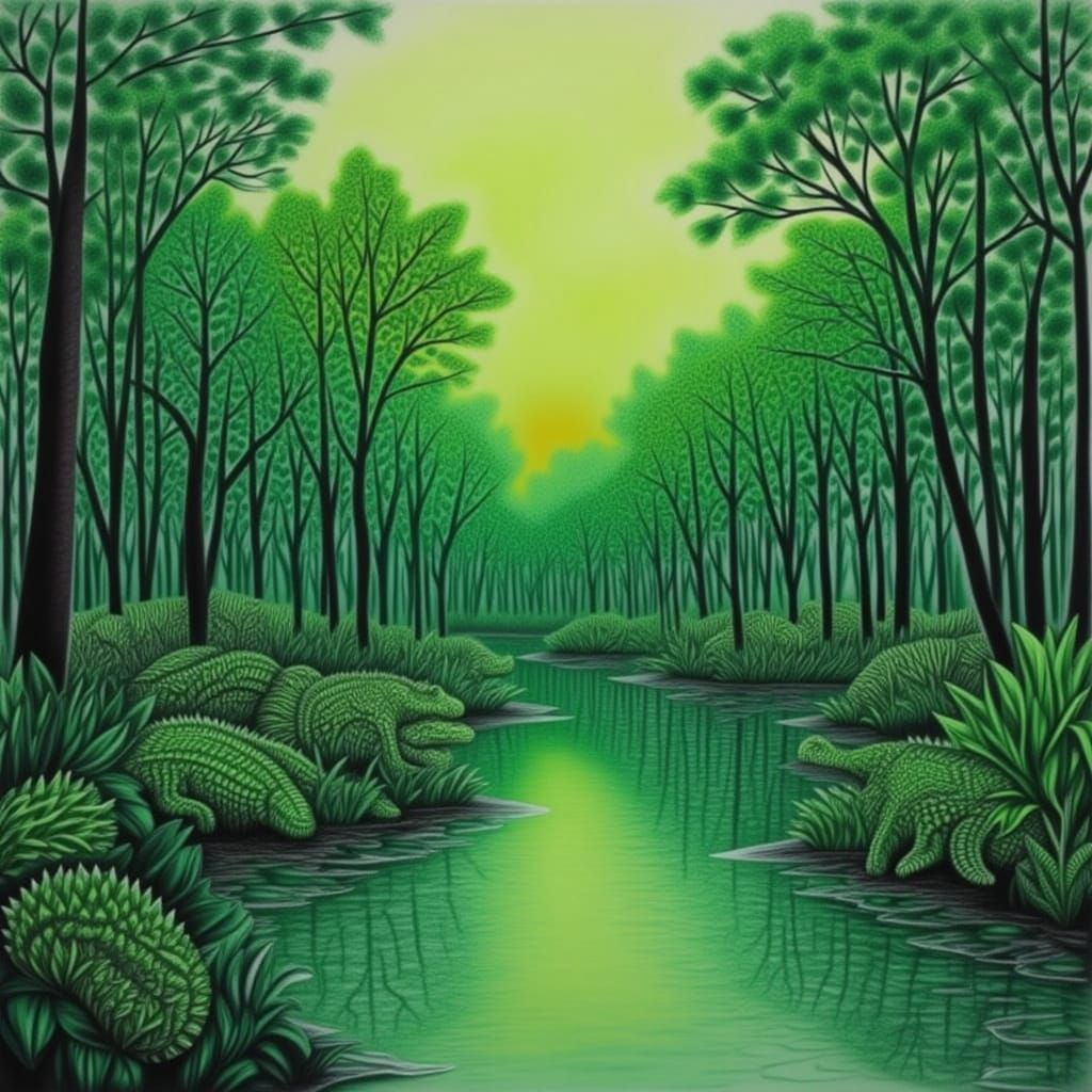 <lora:CHARCOAL DUSK:1.0> Green gator swamp