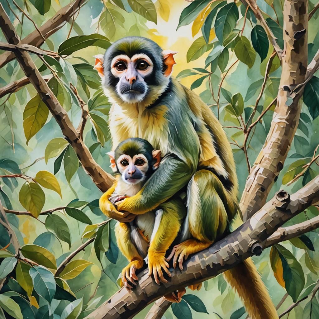 mama squirrel monkey and her baby in a tree